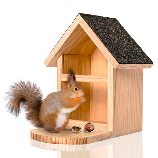Blumfeldt Kŕmidlo pre veveričky, špicatá strecha, borovicové drevo, asfaltový náter, neošetrené