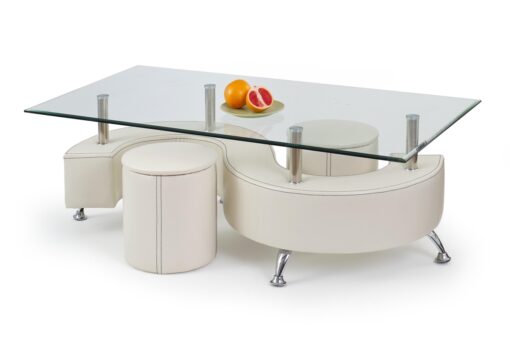 HALMAR Nina 3 H sklenený konferenčný stolík s taburetkami biela / priehľadná